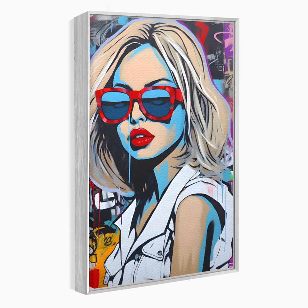 Tablou canvas cu tablou canvas portret pop art femeie cu ochelari, in rama de aluminiu argintiu